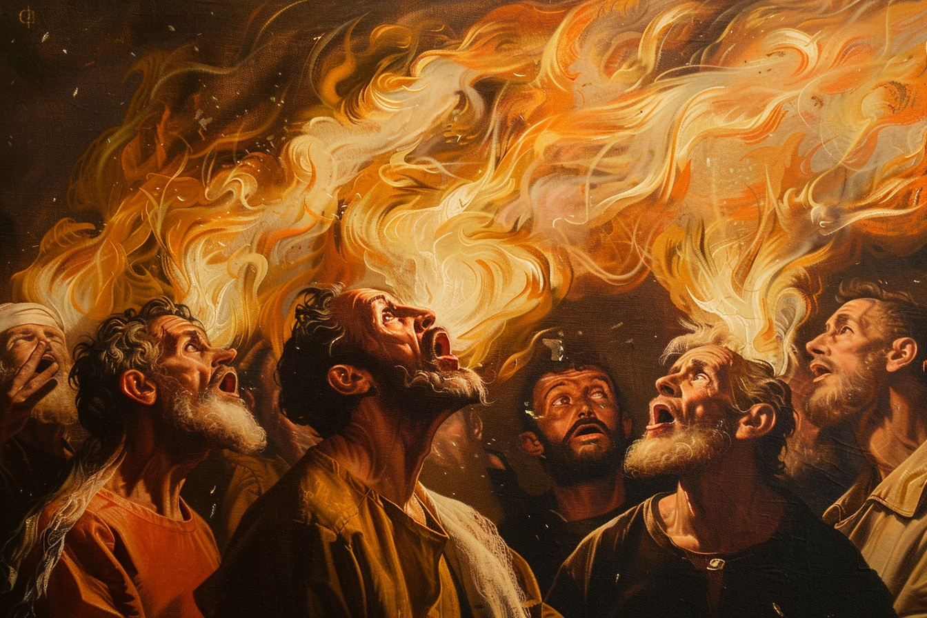 Painting depicting the tongues of fire above the apostles' heads at Pentecost.